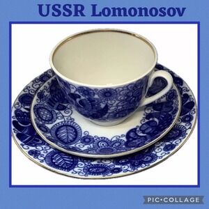 Nice Vintage USSR LOMONOSOV Tea Cup and Saucer " Blue Birds" 22K Gold 3‎ Pieces